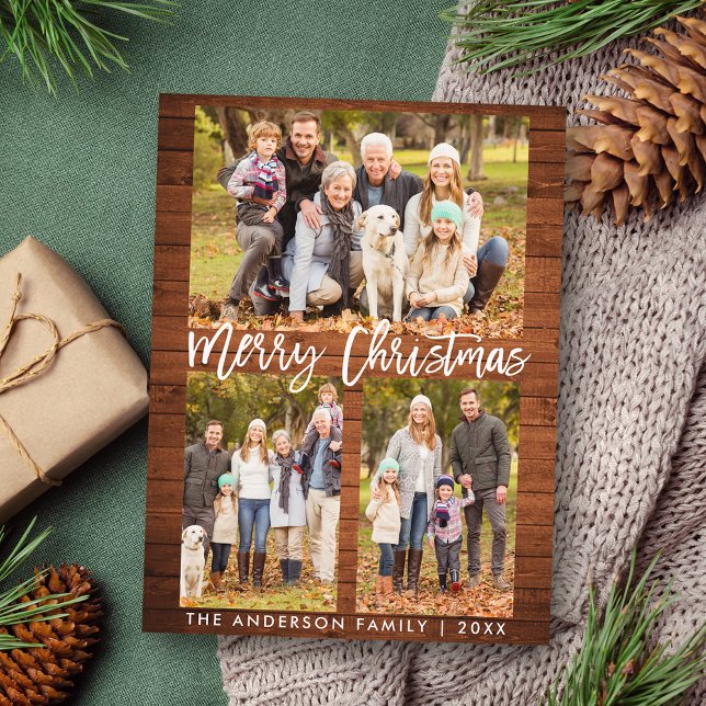 Rustic Wood Brush Script Family 3 Photo Christmas Postcard (Customize to change your personalized text size or text style.)