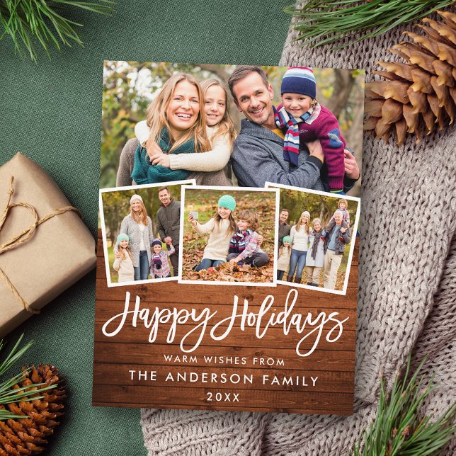 Rustic Wood Brush Script Happy Holidays 4 Photo Postcard (Customize to change your personalized text size or text style.)