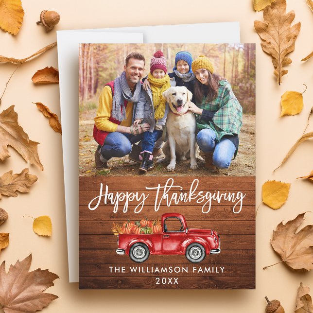 Rustic Wood Brush Script Thanksgiving Red Truck Holiday Card (Customize to add text to back of card.)