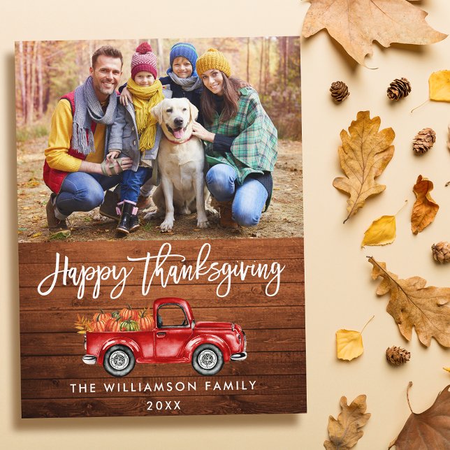 Rustic Wood Brush Script Thanksgiving Red Truck Postcard (Customize to change your personalized text size or text style.)