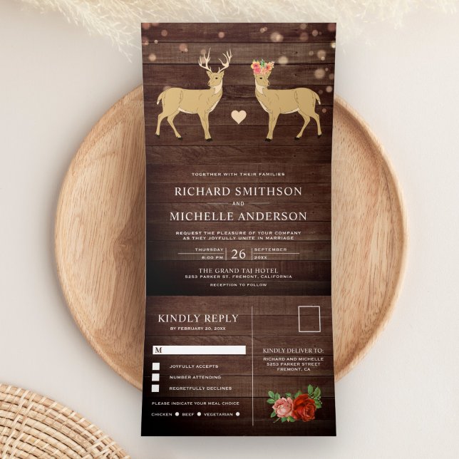 Rustic Wood Buck and Doe Romantic Deer Wedding Tri-Fold Invitation (Creator Uploaded)