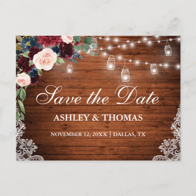 Rustic Wood Burgundy Blue Floral Save The Date Announcement Postcard (Front)