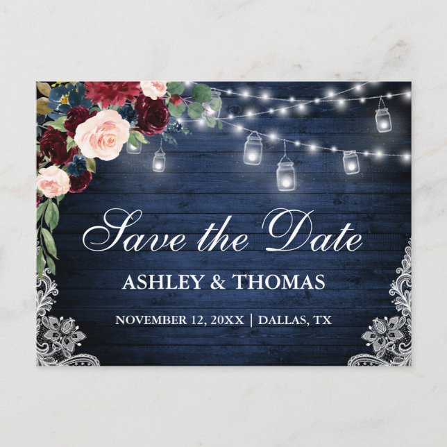 Rustic Wood Burgundy Blue Floral Save the Date Announcement Postcard (Front)