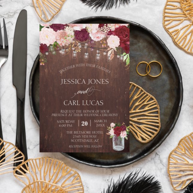 Rustic Wood Burgundy Blush Pink Rose Mason Jar Invitation (Creator Uploaded)