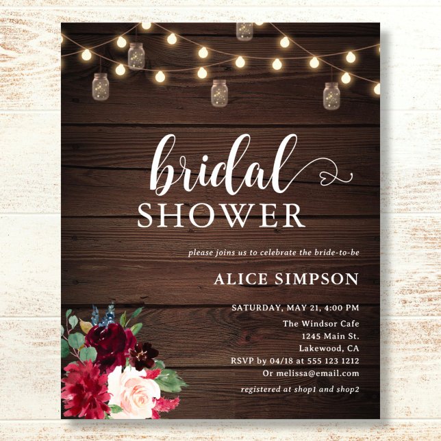 Rustic Wood Burgundy Blush Script Bridal Shower Fl Flyer (Creator Uploaded)