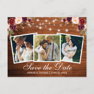 Rustic Wood Burgundy Floral 3 Photo Save The Date Invitation Postcard