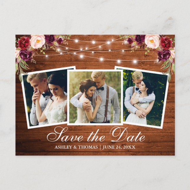 Rustic Wood Burgundy Floral 3 Photo Save The Date Invitation Postcard (Front)