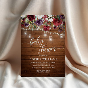 Rustic Wood Burgundy Floral Baby Shower Invitation