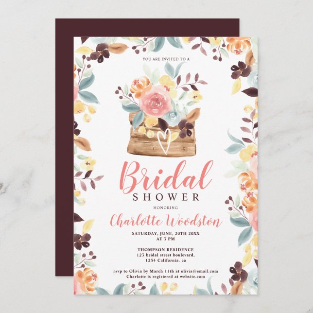 Rustic wood burgundy floral boho bridal shower invitation (Front/Back)