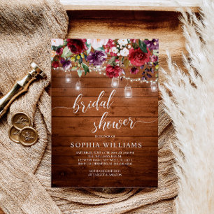 Rustic Wood Burgundy Floral Bridal Shower Invitation