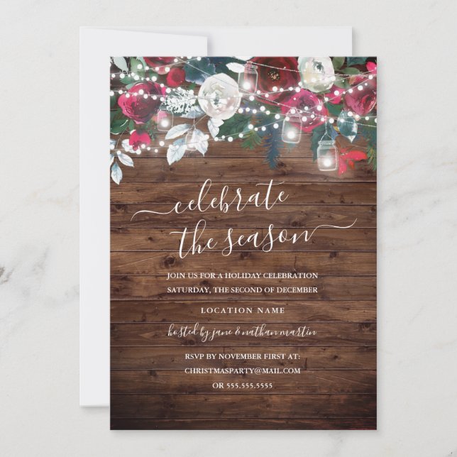 Rustic Wood Burgundy Floral Christmas Invitation (Front)