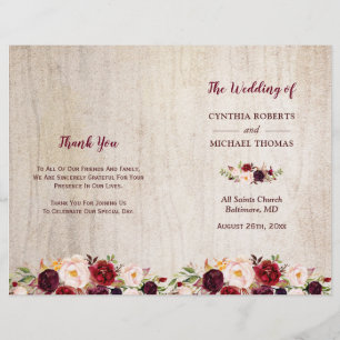 Rustic Wood Burgundy Floral Folded Wedding Program