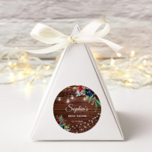 Rustic Wood Burgundy Floral Lights Bridal Classic Round Sticker