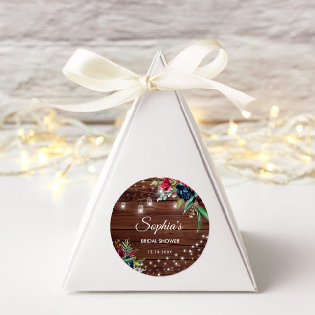 Rustic Wood Burgundy Floral Lights Bridal Classic Round Sticker (Creator Uploaded)