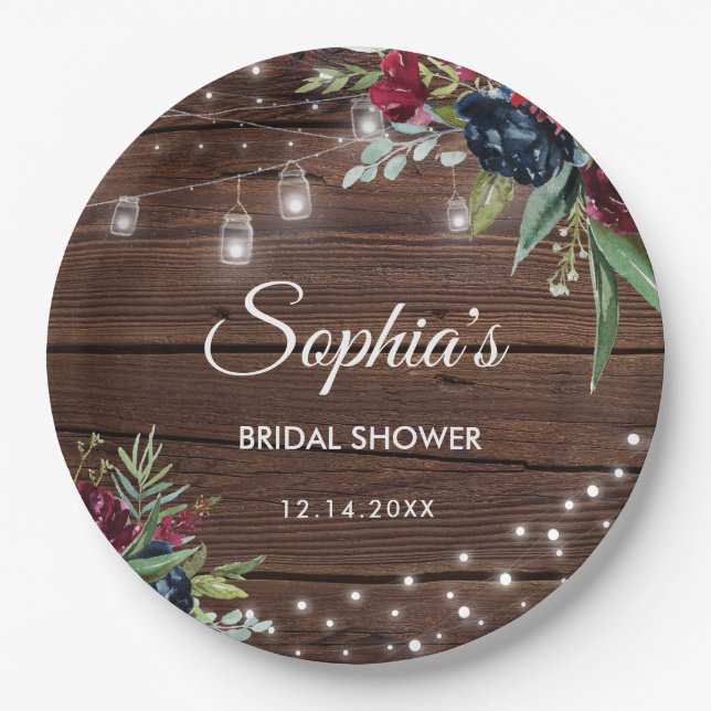 Rustic Wood Burgundy Floral Lights Bridal Paper Plate (Front)