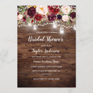 Rustic Wood Burgundy Floral Lights Bridal Shower Invitation