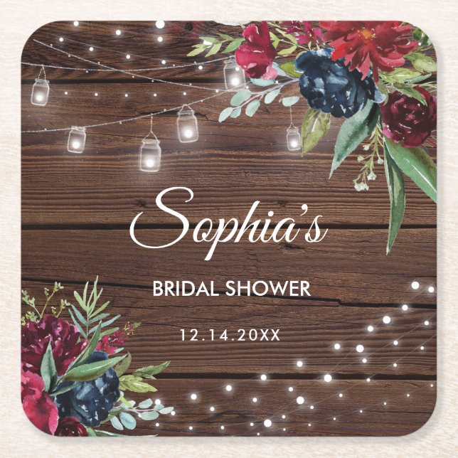 Rustic Wood Burgundy Floral Lights Bridal Square Paper Coaster (Front)