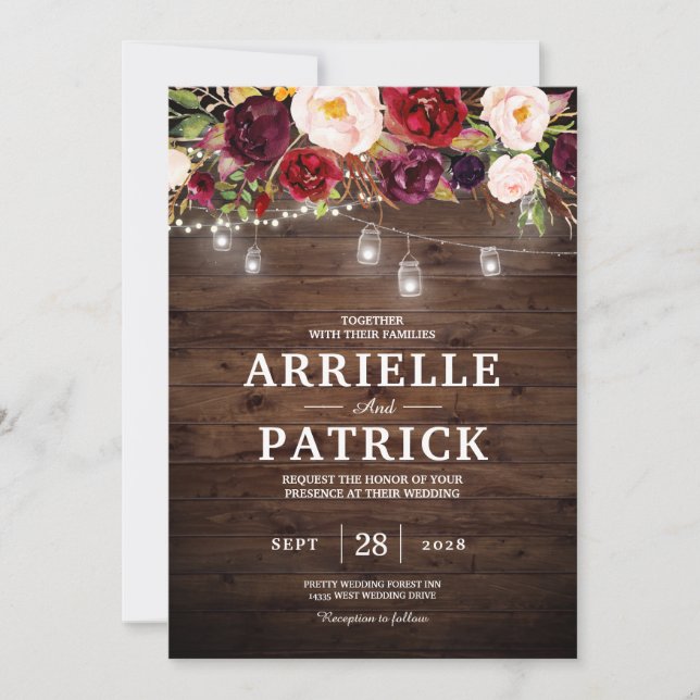 Rustic Wood Burgundy Floral Lights Invitation (Front)