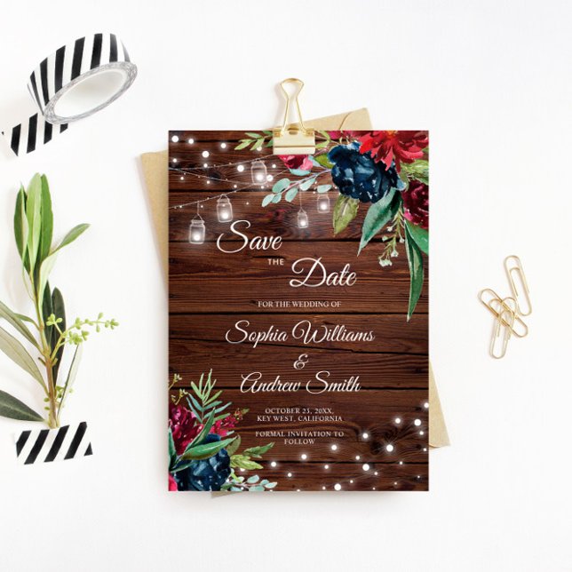 Rustic Wood Burgundy Floral Lights Save The Date (Creator Uploaded)