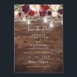 Rustic Wood Burgundy Floral Lights Save The Date Magnetic Invitation<br><div class="desc">Matching Rustic Wedding Collection in the Little Bayleigh Store!</div>