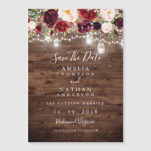 Rustic Wood Burgundy Floral Lights Save The Date Magnetic Invitation