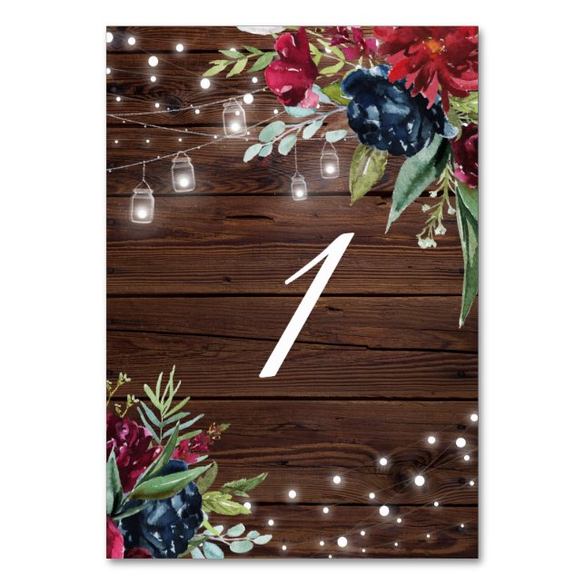 Rustic Wood Burgundy Floral Lights Table 1 Wedding Table Number (Front)
