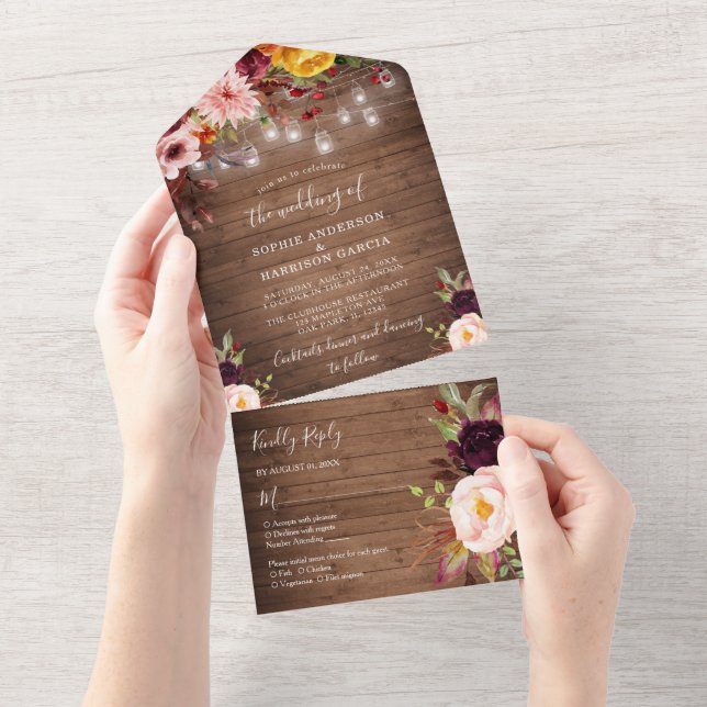 Rustic Wood Burgundy Floral Lights Wedding All In One Invitation (Tearaway)