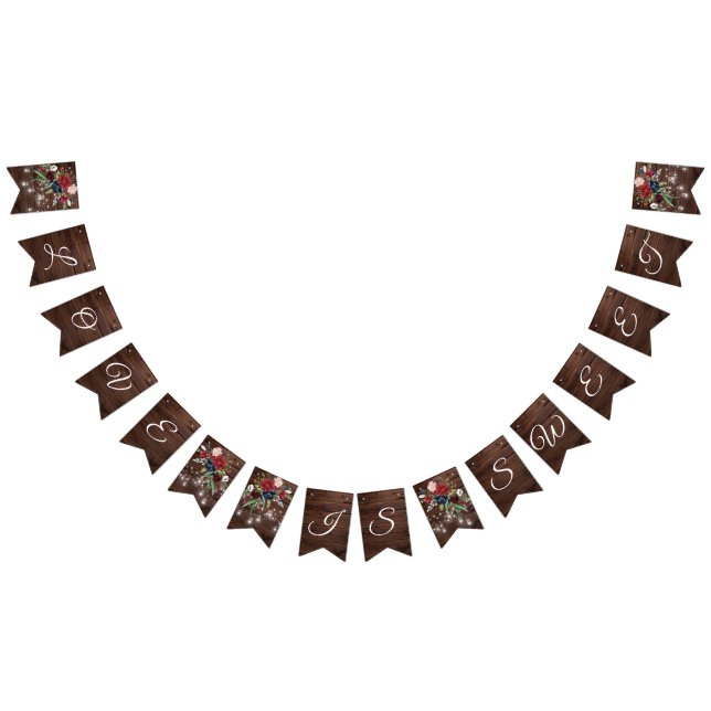 Rustic Wood Burgundy Floral Lights Wedding Bunting (All)