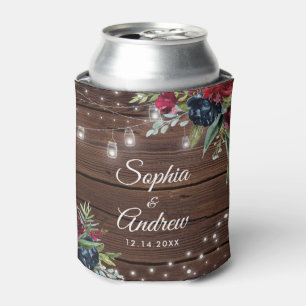Rustic Wood Burgundy Floral Lights Wedding Can Cooler