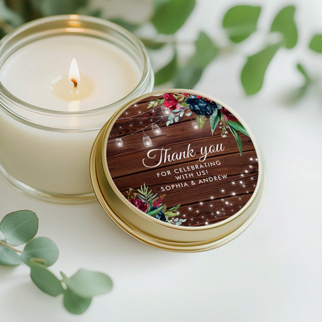 Rustic Wood Burgundy Floral Lights Wedding Classic Round Sticker (Creator Uploaded)