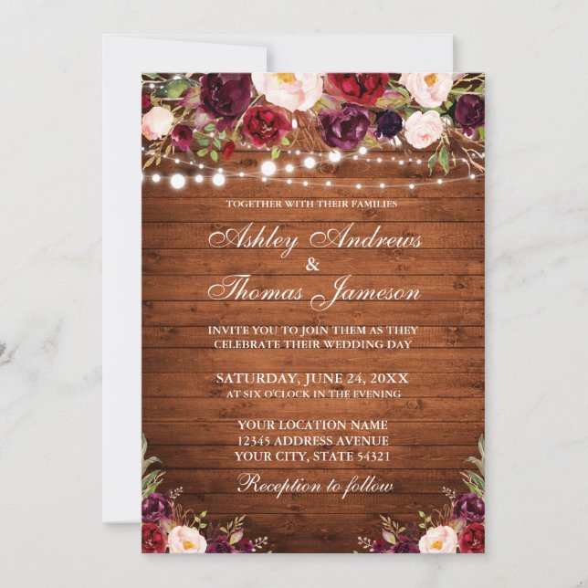 Rustic Wood Burgundy Floral Lights Wedding Invitation (Front)