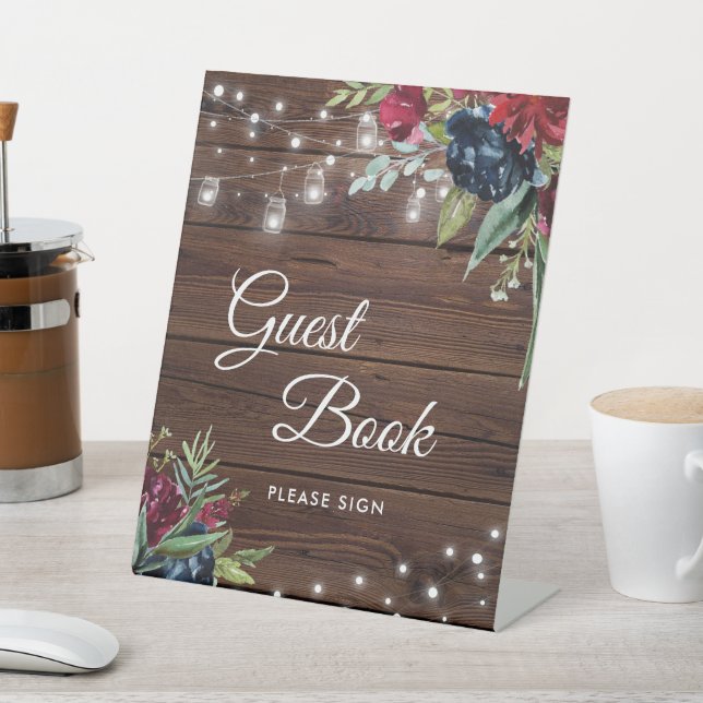 Rustic Wood Burgundy Floral Lights Wedding Pedestal Sign (In SItu)