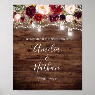 Rustic Wood Burgundy Floral Lights Wedding Poster