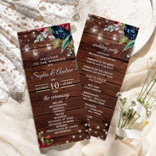 Rustic Wood Burgundy Floral Lights Wedding Programme