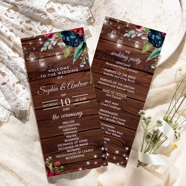 Rustic Wood Burgundy Floral Lights Wedding Programme (Creator Uploaded)