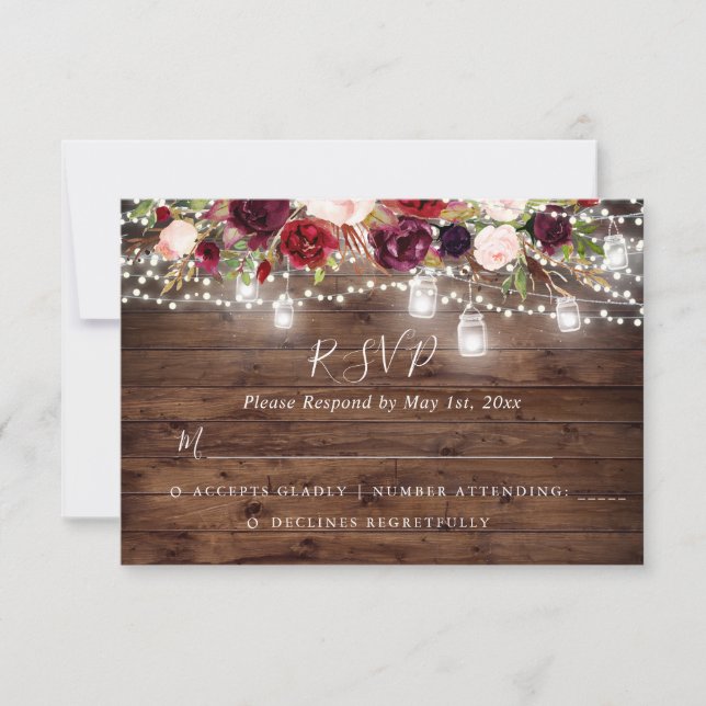 Rustic Wood Burgundy Floral Lights Wedding RSVP Card (Front)