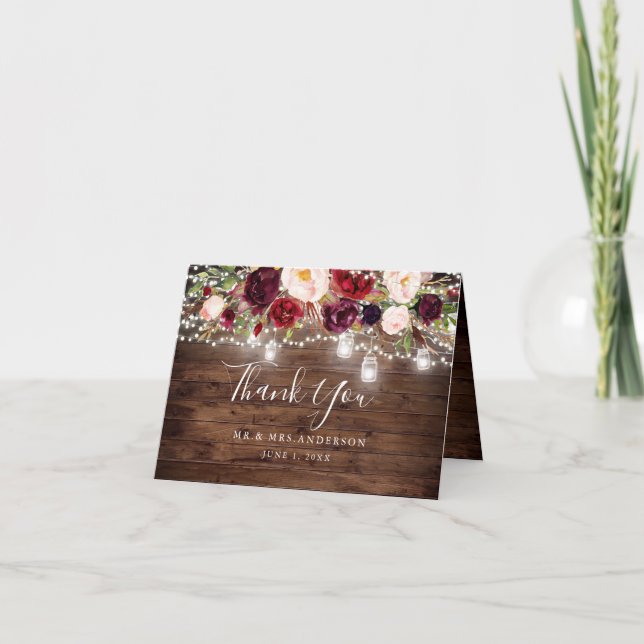 Rustic Wood Burgundy Floral Lights Wedding Thank You Card (Front)
