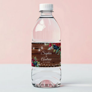 Rustic Wood Burgundy Floral Lights Wedding Water B Bottle Label