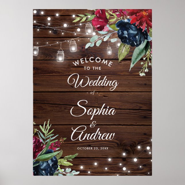 Rustic Wood Burgundy Floral Lights Wedding Welcome Poster (Front)