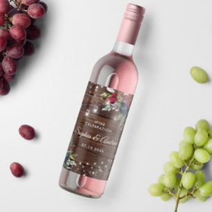 Rustic Wood Burgundy Floral Lights Wedding Wine Label