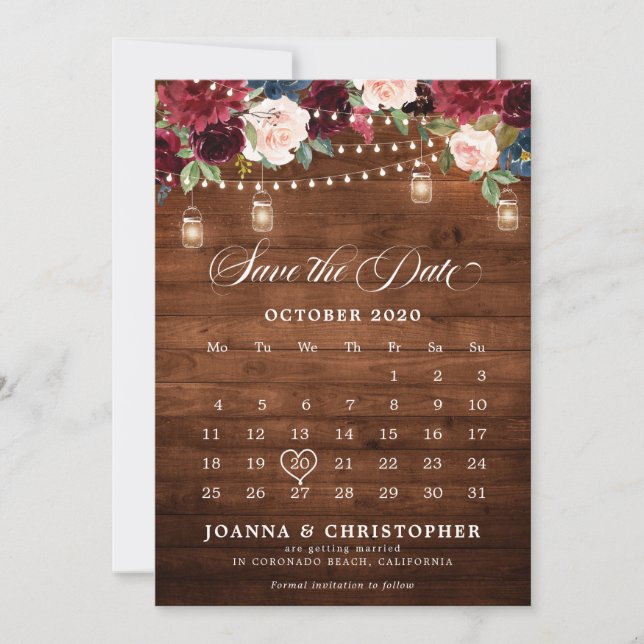 Rustic Wood Burgundy Floral Mason Jar Calendar Save The Date (Front)