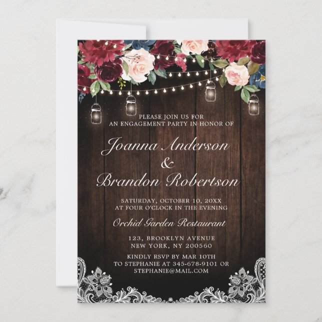 Rustic Wood Burgundy Floral Mason Jar Engagement Invitation (Front)
