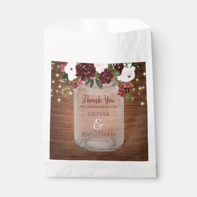 Rustic Wood Burgundy Floral Mason Jar Wedding Favour Bags (Front)
