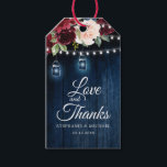Rustic Wood Burgundy Floral Mason Jar Wedding Gift Tags<br><div class="desc">Rustic country wood floral boho wedding love and thanks gift tag features hand-painted watercolor floral graphics / roses in rich tones of Burgundy , Marsala Red navy blue and blush pink / peach and charming hand lettering style font with String lights mason jar and lace wooden background. Please contact me...</div>