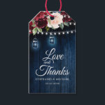 Rustic Wood Burgundy Floral Mason Jar Wedding Gift Tags<br><div class="desc">Rustic country wood floral boho wedding love and thanks gift tag features hand-painted watercolor floral graphics / roses in rich tones of Burgundy , Marsala Red navy blue and blush pink / peach and charming hand lettering style font with String lights mason jar and lace wooden background. Please contact me...</div>