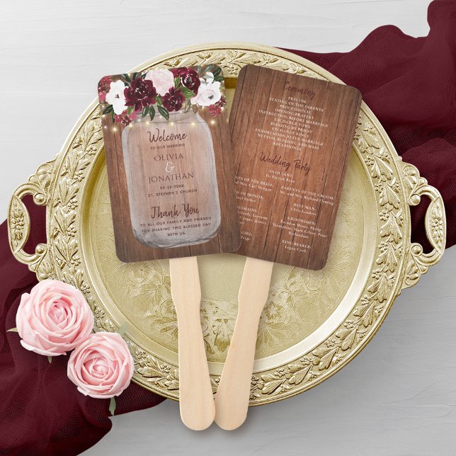 Rustic Wood Burgundy Floral Mason Jar Wedding  Hand Fan (Creator Uploaded)