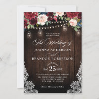 Rustic Wood Burgundy Floral Mason Jar Wedding Invi