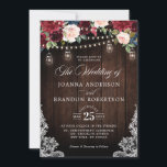 Rustic Wood Burgundy Floral Mason Jar Wedding Invitation<br><div class="desc">Rustic country wood floral boho wedding invitation features hand-painted watercolor floral graphics / roses in rich tones of Burgundy , Marsala Red navy blue and blush pink / peach and charming hand lettering style font with String lights mason jar and lace wooden background. Please contact me for any help in...</div>
