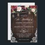 Rustic Wood Burgundy Floral Mason Jar Wedding Invitation<br><div class="desc">Rustic country wood floral boho wedding invitation features hand-painted watercolor floral graphics / roses in rich tones of Burgundy , Marsala Red navy blue and blush pink / peach and charming hand lettering style font with String lights mason jar and lace wooden background. Please contact me for any help in...</div>