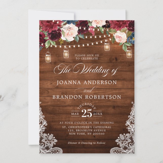 Rustic Wood Burgundy Floral Mason Jar Wedding Invitation (Front)